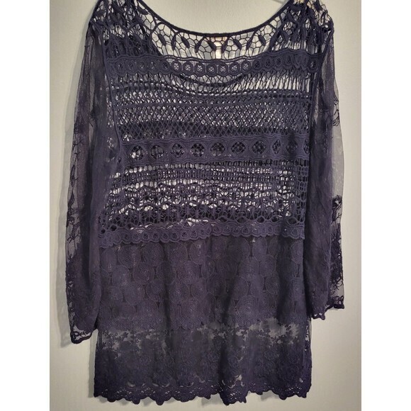 Chico's Blue Long Sleeve Crochet Bodice Sheer Sleeves Top  Blouse‎ Size 1 Medium - Picture 6 of 9